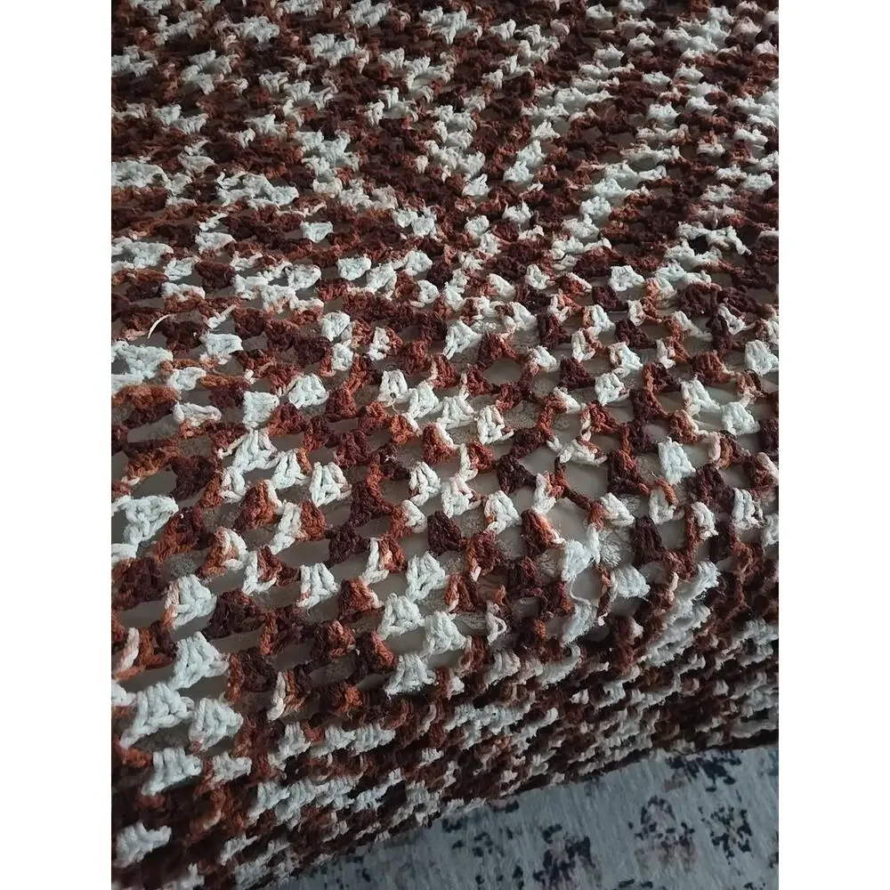 Vtg Handmade Brown White Crochet Cottagecore Afghan Throw Blanket‎ 55